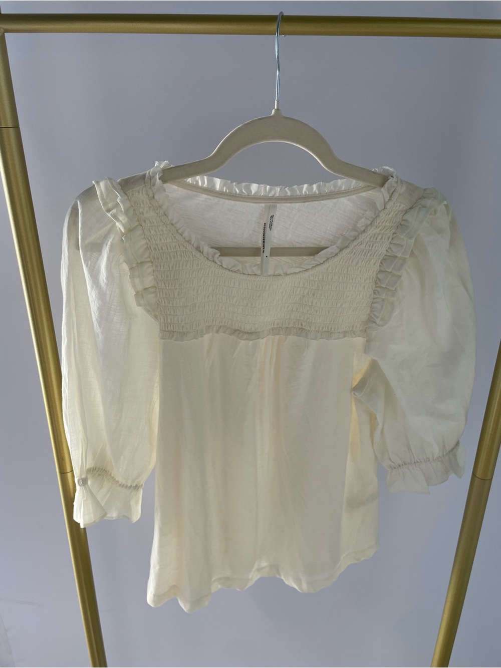 Anthropologie Mixed Fabric Shirred Ruffle Sleeve Top